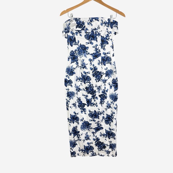 NWT MABLE Strapless Floral Midi Dress Size M (4/6) Blue White Lined Back Zip - Picture 2 of 14